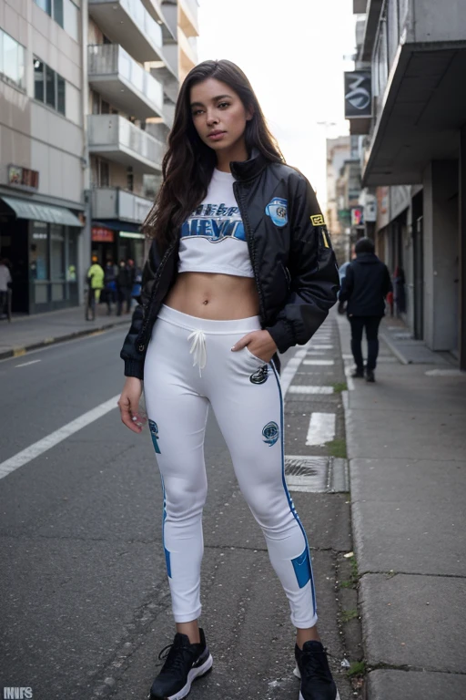 Grêmio fan, leg pants, and Grêmio jacket, 1 girl, very cold... Grêmio uniform(team from southern Brazil)