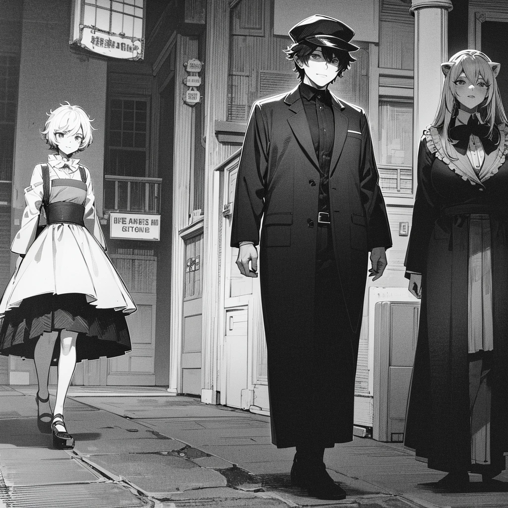 high-quolity japanese anime,monochrome world where Dorothy never visited the Wizard of Oz, a middle-aged huge bust upper body lady named Dorothy, along with her dog,red slippers, Her defiant smile hints at a hidden past. Armed with a submachine gun, she navigates the dark streets of New York, embroiled in a gang war against a mysterious financial kingpin. Accompanying her are three unique attendants: a retro robot, a beautiful scarecrow, and an actor portraying a lion