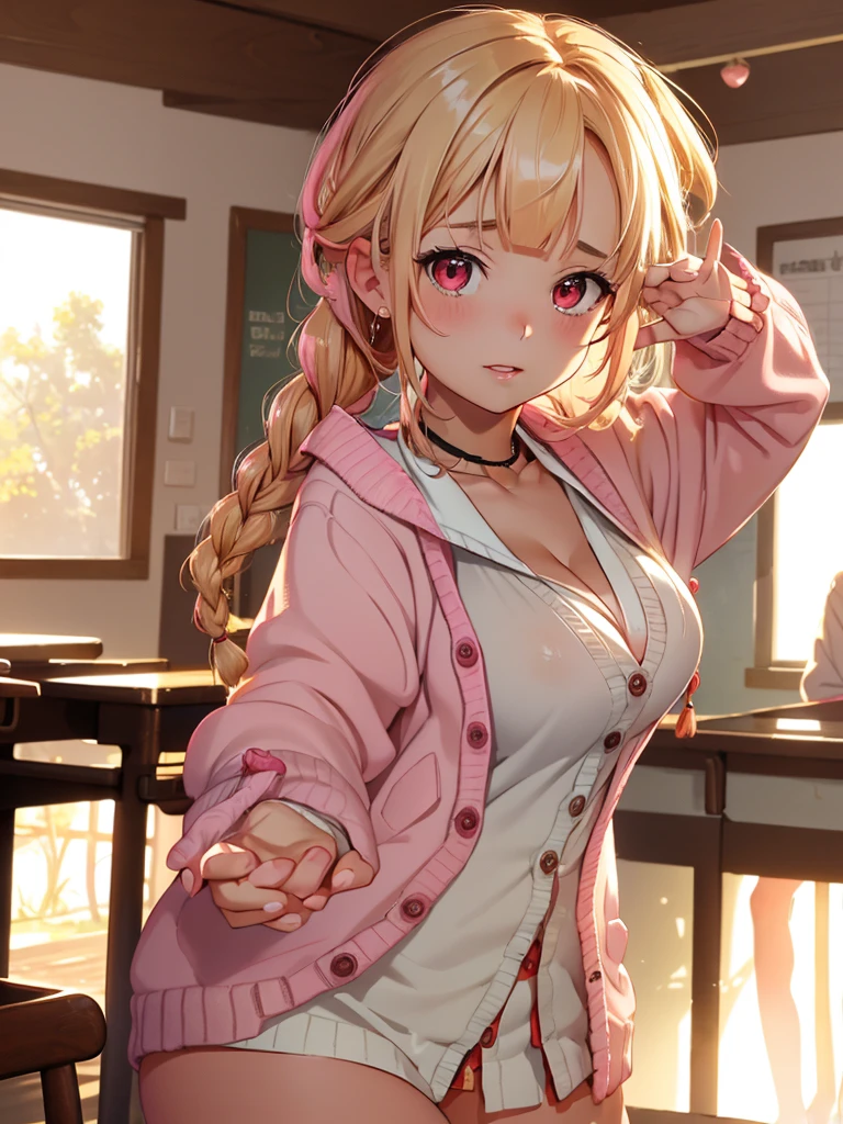 (((anime))), ((animated)), (GAL), medium hair, (braid hair:1.3), (blunt bangs:1.2),two-tone hair, blonde hair, (pink hair), round face, red eyes, (drooping eyes), (((tareme))),Pink Lip,piercing,necklace,[black skin], light smile, ((((cute)))), beautiful, 1 girl, solo, (cardigan:1.4), [ cutout],peace sign,beautiful background,(classroom:1.5),evening,sunlight,backlighting,masterpiece,best quality,exquisite,8k,absurdres,super fine illustration,(looking at viewer)