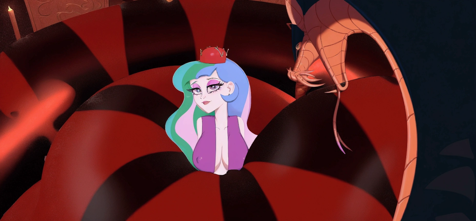 there is a cartoon girl that is sitting in a giant red ball, very sad medusa, fan art, big tentacle sneak around, some tentacles are touching her, in a throne room, evil princess, lamia, sitting on obsidian throne, inspired by Sebastian Vrancx, mlp fanart, female disney villain, in a crashed spaceship, princess in foreground