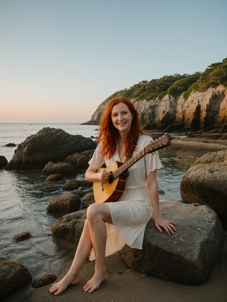 portrait, her name is Mia, high quality, 1 old woman, ((40-year-old guitar shaped body irish woman)), (((40 years old))), ((guitar shaped body)), wide hips, (wrinkled body), (old body), (((red hair))), (pale skin), ((green eyes)), she is wearing a boho dress, POSE: sitting, smiling, BREAK, BACKGROUND: outdoor: secluded cove at sunrise, coves, dawn, tide pools, seashells, small boat