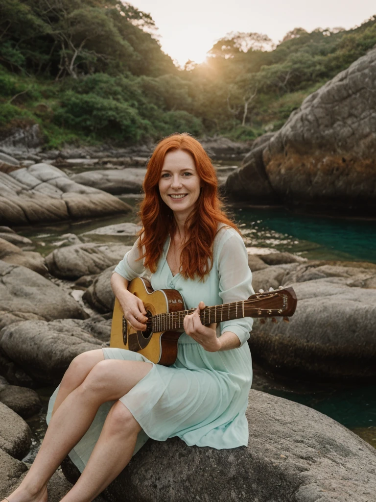 portrait, her name is Mia, high quality, 1 old woman, ((40-year-old guitar shaped body irish woman)), (((40 years old))), ((guitar shaped body)), wide hips, (wrinkled body), (old body), (((red hair))), (pale skin), ((green eyes)), she is wearing a boho dress, POSE: sitting, smiling, BREAK, BACKGROUND: outdoor: secluded cove at sunrise, coves, dawn, tide pools, seashells, small boat