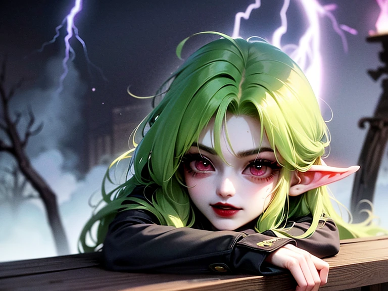 absurdrez, ((best quality)), ((masterpiece)), (detailed), dark gothic horror style, Halloween style, very small goblin girl, (green skin), pointy ears, short purple hair with black streaks pixie hairstyle, bright red eyes, windy, rainy, stormy, lightning, evil, dynamic pose, cinematic still, running from angry mob with torches