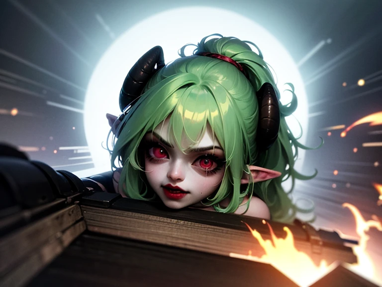 absurdrez, ((best quality)), ((masterpiece)), (detailed), dark gothic horror style, Halloween style, very small goblin girl, (green skin), pointy ears, short purple hair with black streaks pixie hairstyle, bright red eyes, windy, rainy, stormy, lightning, evil, dynamic pose, cinematic still, running from angry mob with torches