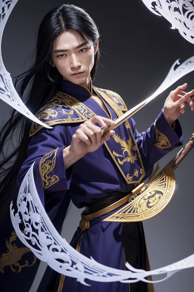 Create a Chinese man with a serene expression, featuring long, straight black hair that falls halfway down his back. Her bright blue eyes contrast strikingly with her fair-skinned face. He is dressed in dark purple clothing that resembles a traditional robe, richly detailed with gold embroidery on the cuffs and collar. The clothing appears to flow with movement, denoting a light but resistant fabric. In one of his hands, he firmly holds a combat fan, which is larger and sturdier than a regular fan, made of wood and metal, with sharp blades arranged between the sticks. The fan is partially open, revealing a complex pattern of dragons and clouds carved into its surface.