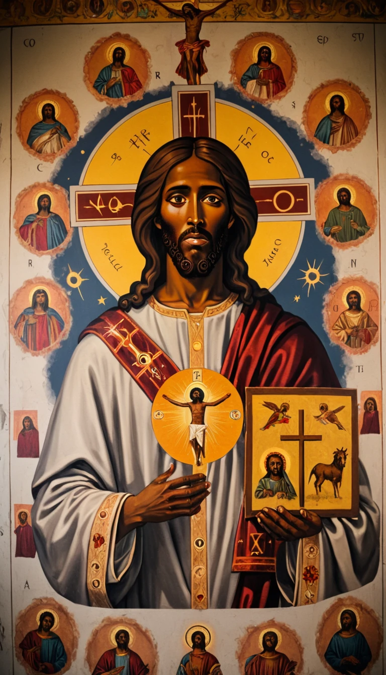 black jesus christ, orthodox painted on the wall, symbols and elements of astrology, hermetic symbols
