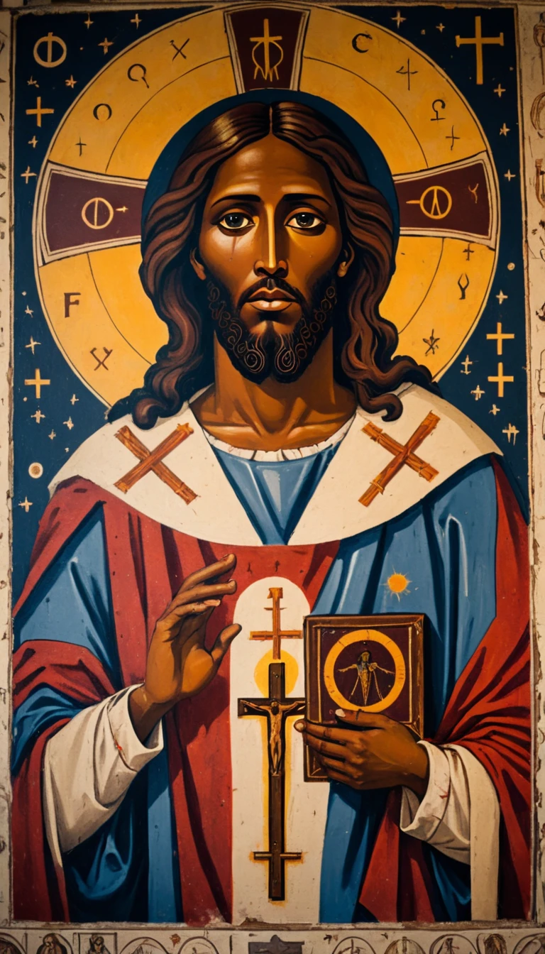 black jesus christ, orthodox painted on the wall, symbols and elements of astrology, hermetic symbols
