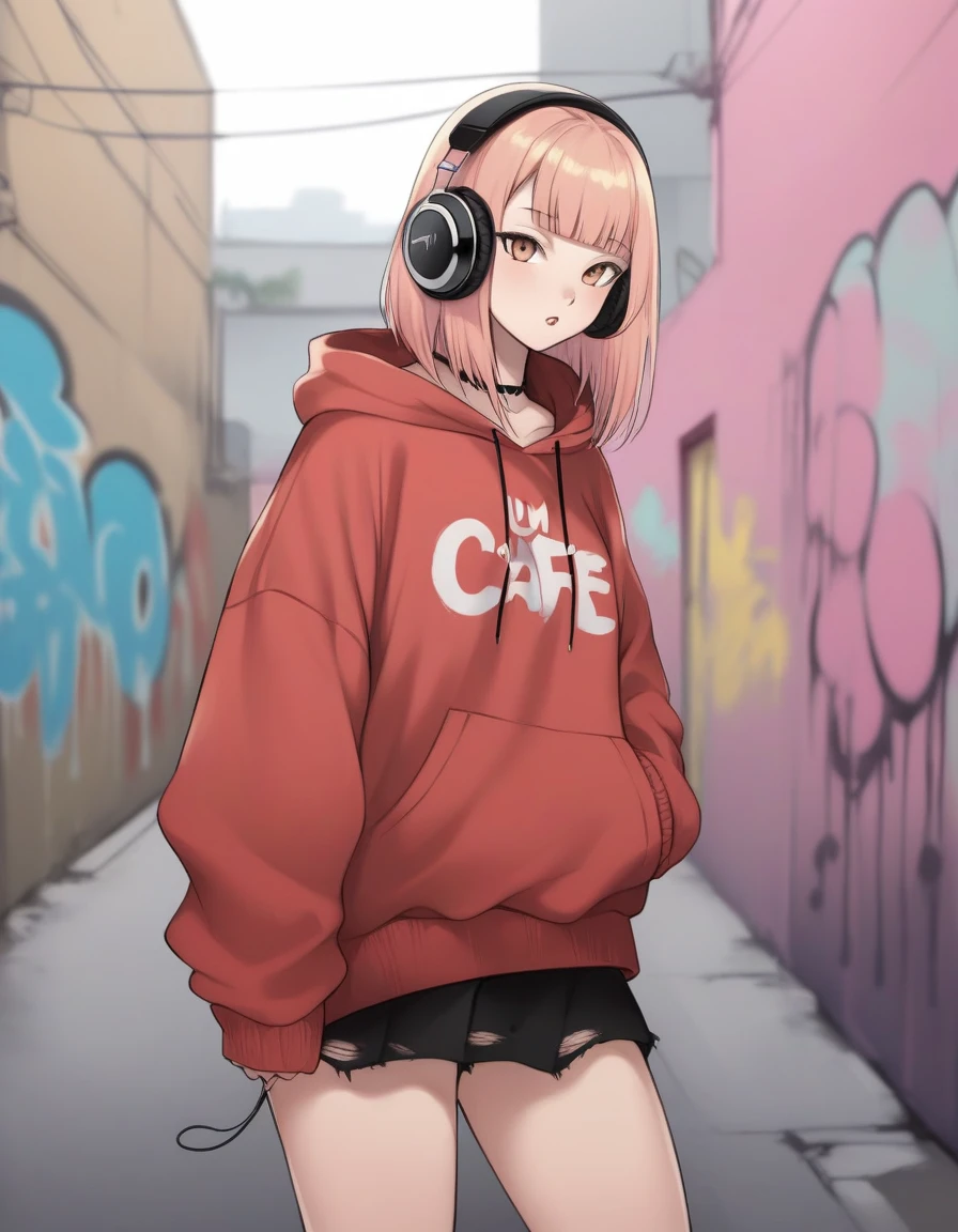 Cute cat girl hinata sexy peitos grandes roupas rasgadas ed in a red gold hoodie all red pastel Black accents, oversized headphones snugly fit around its neck, bebendo um café bem quente mid-action as it maneuvers through an urban setting, backdrop of graffiti-covered walls, contemporary streetwear fashion vibe, pastel tones, soft-focus background, bokeh lights, digital painting, ultra fine, ultra realistic