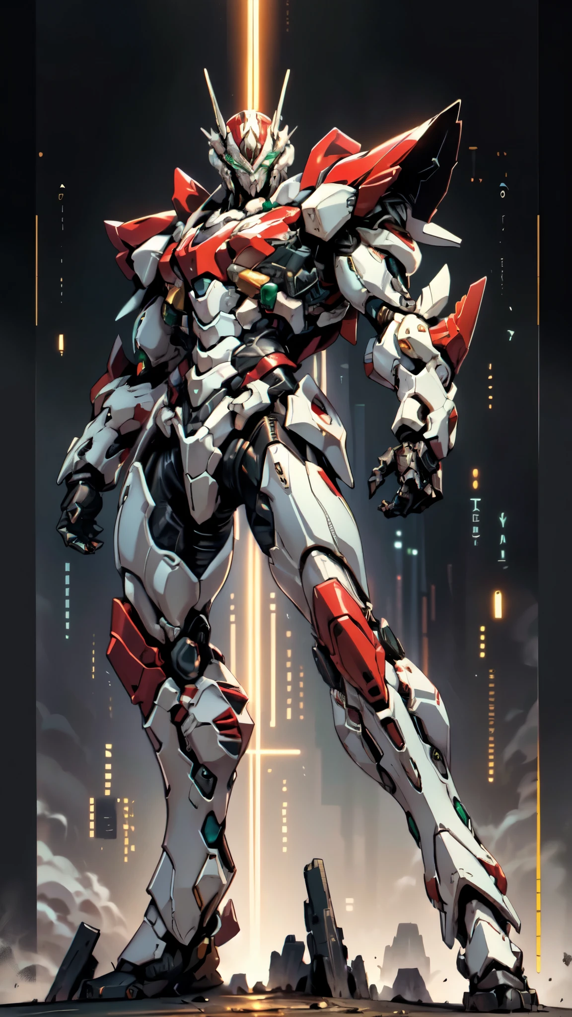 (masterpiece:1.5, best quality:1.5, extremely delicate:1.5, foreshortening:1.5, dynamic angle:1.5), a man wearing a full-face helmet, a fantasy-style biotech armored combat suit, green eyes, (a composite layered chest armor), fully enclosed shoulder guards, matching arm and leg guards, belt of Neon circuit, (the color scheme is primarily white with red green accents), the design balances heavy with agility, a high-tech bio-mecha armor, (Armor Concept Inspired by neon Cyberpunk, stand on the top of a skyscraper in a futuristic sci-fi city), this character embodies a finely crafted fantasy-surreal style armored hero in anime style, exquisite and mature manga art style, (element, plasma, energy, the armor glows), ((male:1.5)), metallic, high definition, highres, ultra-detailed, ultra-fine painting, professional, perfect body proportions, golden ratio, anatomically correct, symmetrical face, extremely detailed eyes and face, high quality eyes, creativity, RAW photo, UHD, 32k, Natural light, cinematic lighting, masterpiece-anatomy-perfect