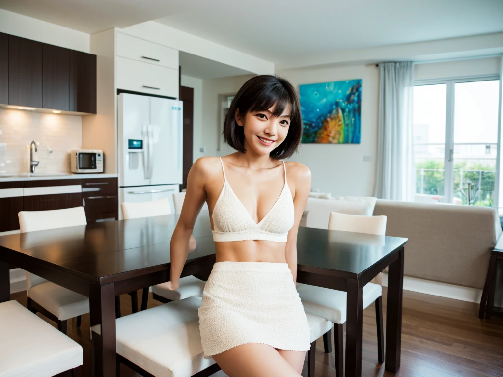 masterpiece, realistic, photorealistic, best quality, beautiful detailed, natural lighting, sharp focus, slim body, abs:1.2, small breasts, best quality real texture skin, Detailed beautiful delicate face and eyes, A beautiful 20-year-old Japanese woman with short hair, wearing a white tank top and white mini skirt, sitting on a dining table chair in a modern living room. She is smiling and looking at the camera while searching the internet on her laptop. The room features bold colors and artistic decor, including vibrant paintings and unique sculptures. Full body shot.
