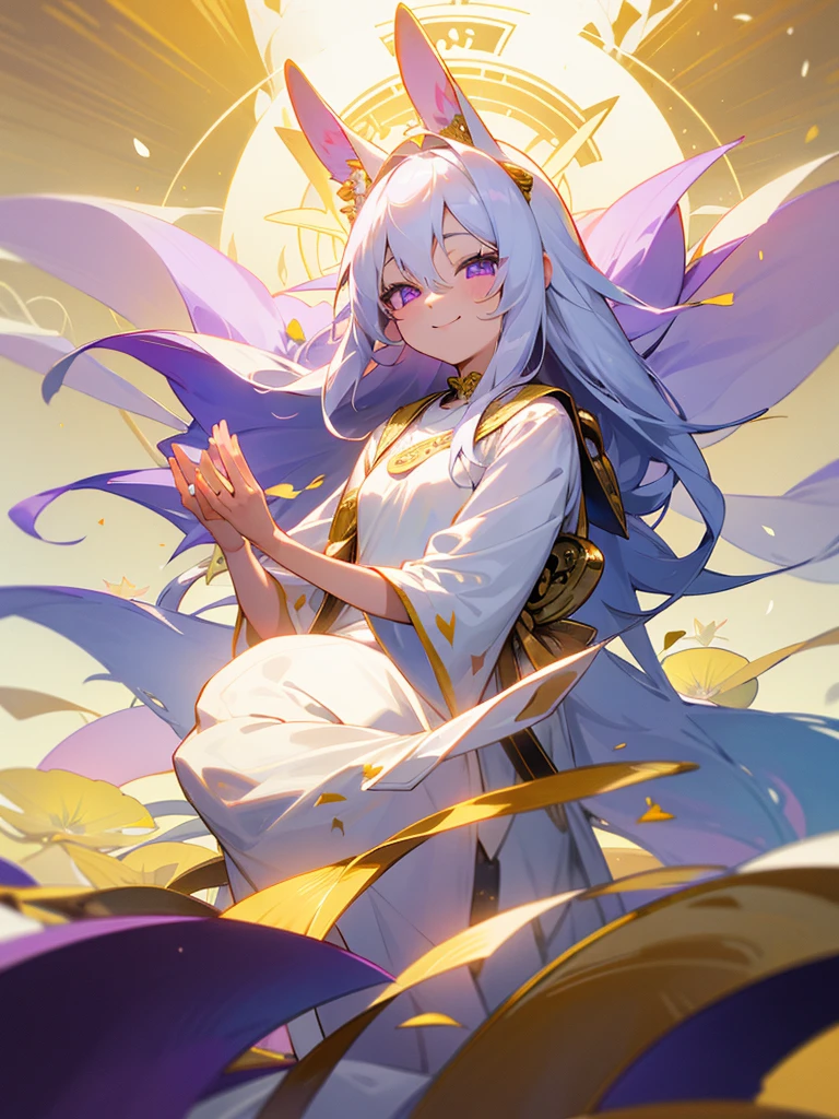 Buddha, rabbit ears, long white hair, white dress, portable shrine, festival, angel halo, lotus flower field, purple eyes, smile, swallow, lotus bouquet, gold screen, paradise, lotus flower
