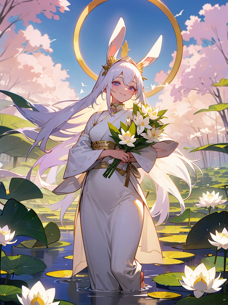 Buddha, rabbit ears, long white hair, white dress, portable shrine, festival, angel halo, lotus flower field, purple eyes, smile, swallow, lotus bouquet, gold screen, paradise, lotus flower
