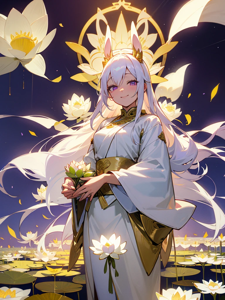 Buddha, rabbit ears, long white hair, white dress, portable shrine, festival, angel halo, lotus flower field, purple eyes, smile, swallow, lotus bouquet, gold screen, paradise, lotus flower