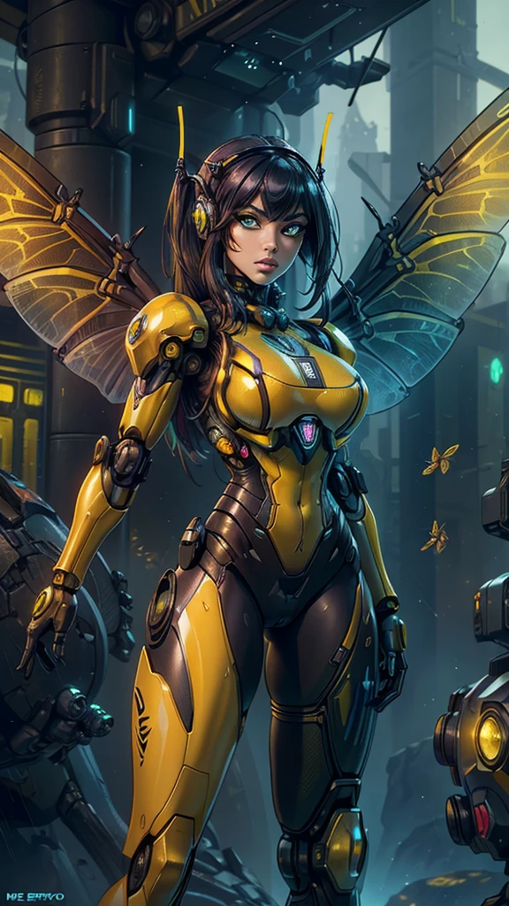 (The best quality,A high resolution,ultra - detailed,actual),Ariana Grande cyborg wasp with dragonfly wings, there is a robot that is standing in the rain, (sci-fi android female:1.4) , (WLOP. Scifi:1.4) , Cyberpunk robot, (girl in mecha cyber armor:1.4) , retrofuturistic female android, hyper-realistic cyberpunk style, (cyberpunk bee:1.4) , Wojtek FUS, cyberpunk art ultrarealistic 8k, scifi woman, cyber monkey in the scifi forest,( yellow mech:1.4) , (cowboy pose), Epic Fantasy Art Style HD, 4K fantasy art, epic fantasy digital art style, epic fantasy art style, Fantasy Woman, epic fantasy art portrait, Epic fantasy style, hyperrealistic fantasy art, hd fantasy art, Epic fantasy character art, epic fantasy art, in style of dark fantasy art, epic fantasy digital art, (face detailed :1.4), (perfect anatomy :1.4),! ciborg mecánica plastic transparent yellow :1.4), (dragonfly cyborg :1.4), (dragonfly big wings :1.4), (Beautiful  eyes :1.4), ((Face details: 1.4 , bright  eyes, beautiful face, pretty eyes, Iris contour, thin lips: 1.4 , Thin, sharp pale eyebrows, Long, dark eyelashes, double tabs)) ,
