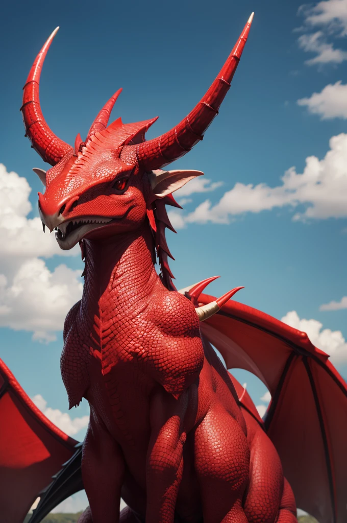 A wyvern with scarlet scales and only 2 horns on its head