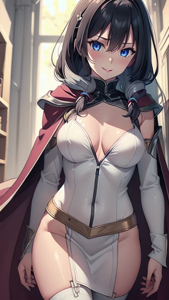 (masterpiece, best quality, ultra-detailed, best shadow), solo girl, silver hair, blue eyes, long hair, medium breasts, sexy body and face, wavy hair, smile, parted lips, red lips, circlet, skirt, bridal gauntlets, jewelry, cape, bare shoulders, sandals, sleeveless dress, red cape, long sleeves, wide sleeves, side slit, white dress, detached sleeves, turtleneck, ribbon, pink dress, fingerless gloves, cafe, sexy pose, cowboy shots,  sharp focus, vibrant, creative, dynamic, high definition, high resolution, 8k, (Upscale: R-ESRGAN 4x+ Anime6mage enchance:4x), voluptuous body, cinema lightning, dakimakura style, looking at the viewer, 