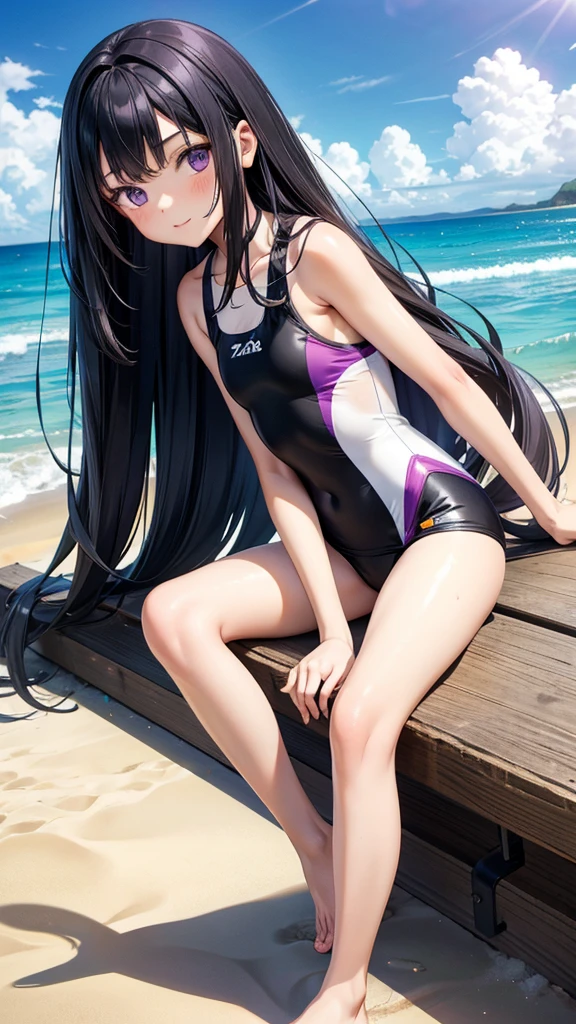 Twelve-year-old girl with long straight black hair，Bare arms，Purple and white one-piece swimsuit，Bare Legs，barefoot，beach