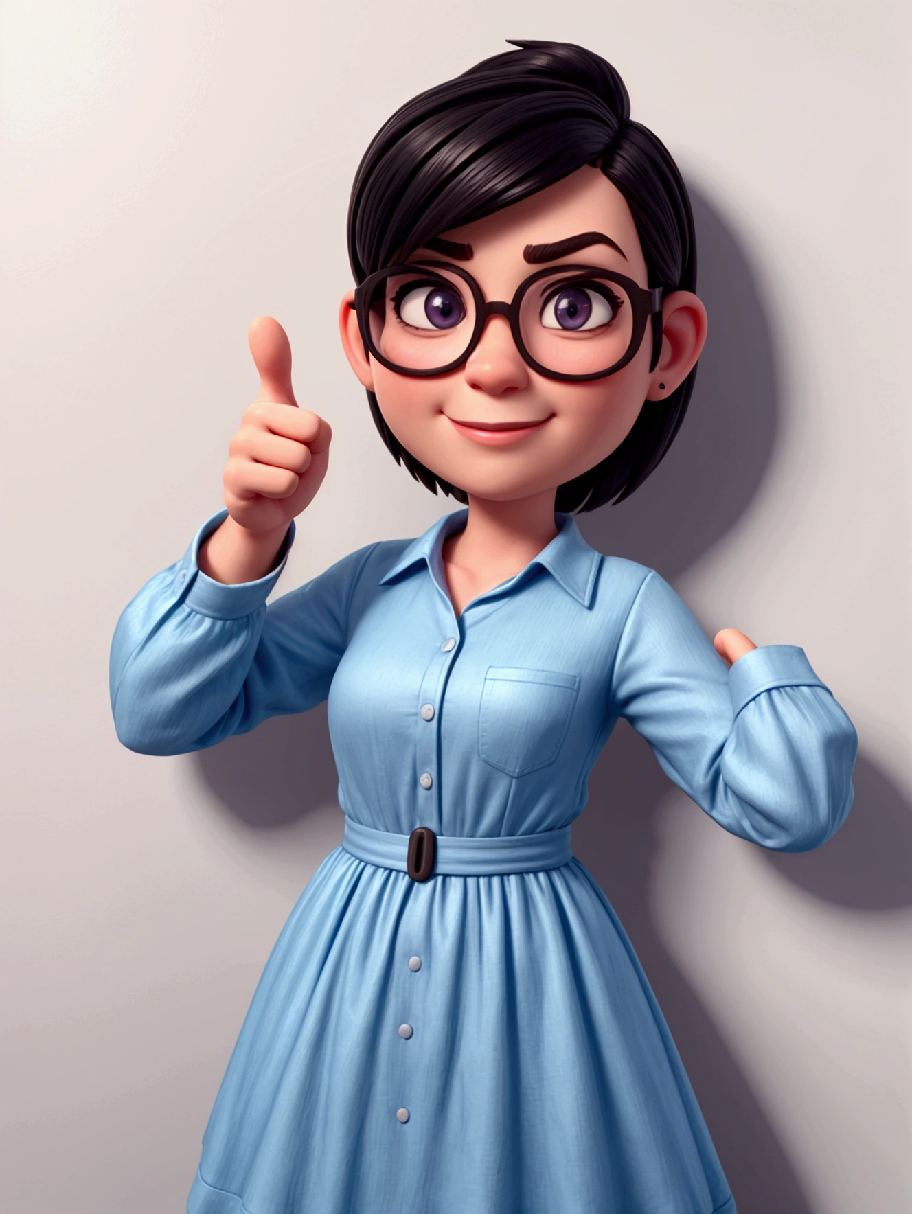 3d avatar pixar style square-rimmed glasses, dark slanted eyes short dark hair with white strands, long-sleeved blue dress shirt jeans, low smile and making a "thumbs up" gesture with his left hand. wide oval face round nose small ear, chubby