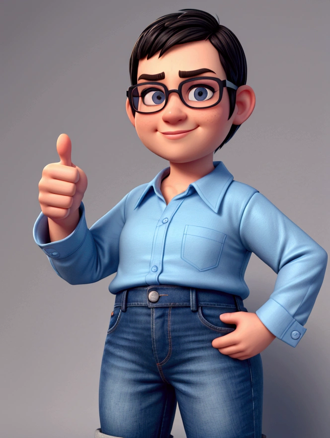 3d avatar pixar style square-rimmed glasses, dark slanted eyes short dark hair with white strands, long-sleeved blue dress shirt jeans, low smile and making a "thumbs up" gesture with his left hand. wide oval face round nose small ear, chubby