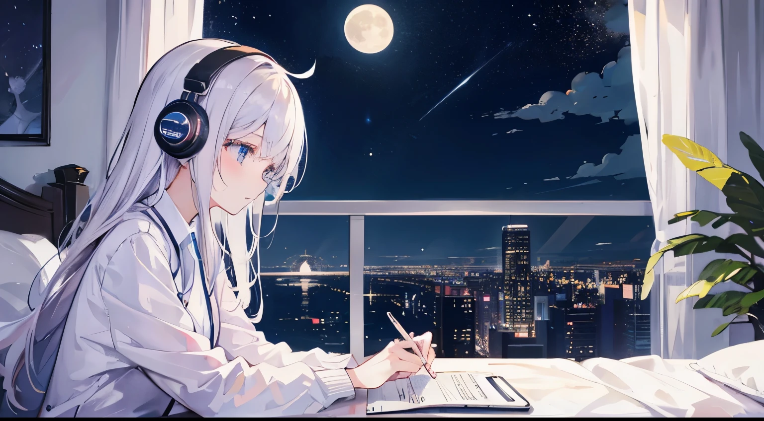 Late Night、moon、star、Girl studying in room、Listening to music through headphones、Skyscrapers outside the window、Calm、healing