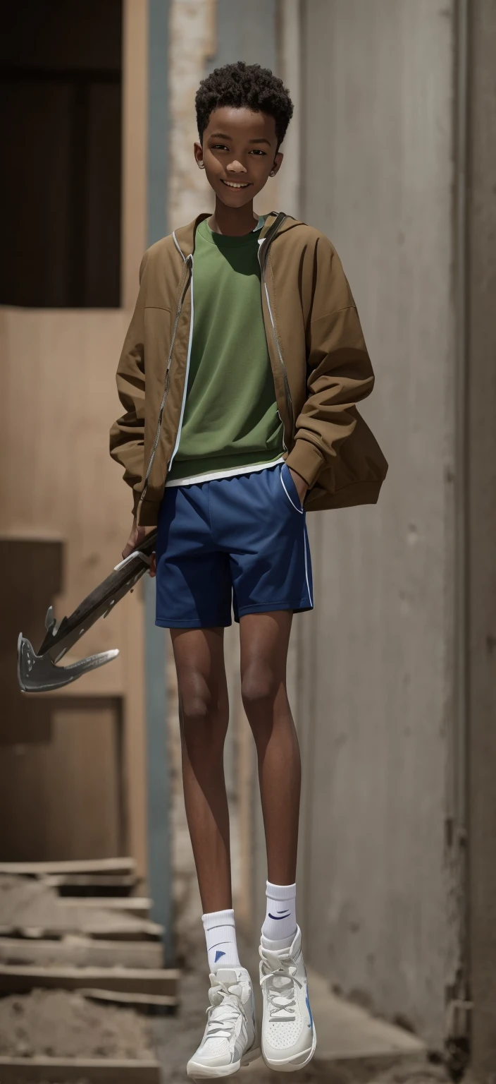 14 year old boy,Light brown skin,Blue sports shorts,Bright green top,High-top board shoes,Big round eyes,Very short hair,Tall and skinny,full-body shot,A junior high school student holding an axe,Smile,best quality