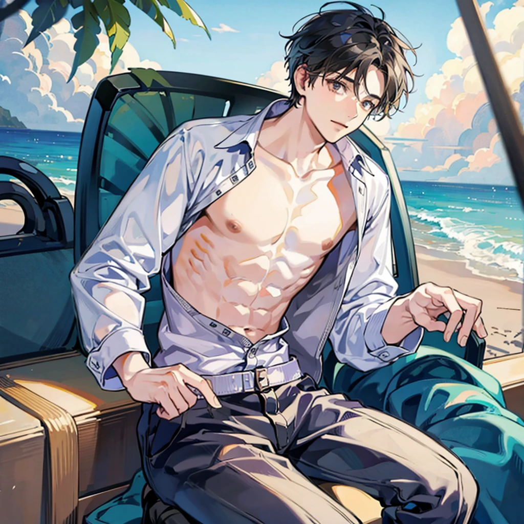 a boy, in the beach, no shirt
