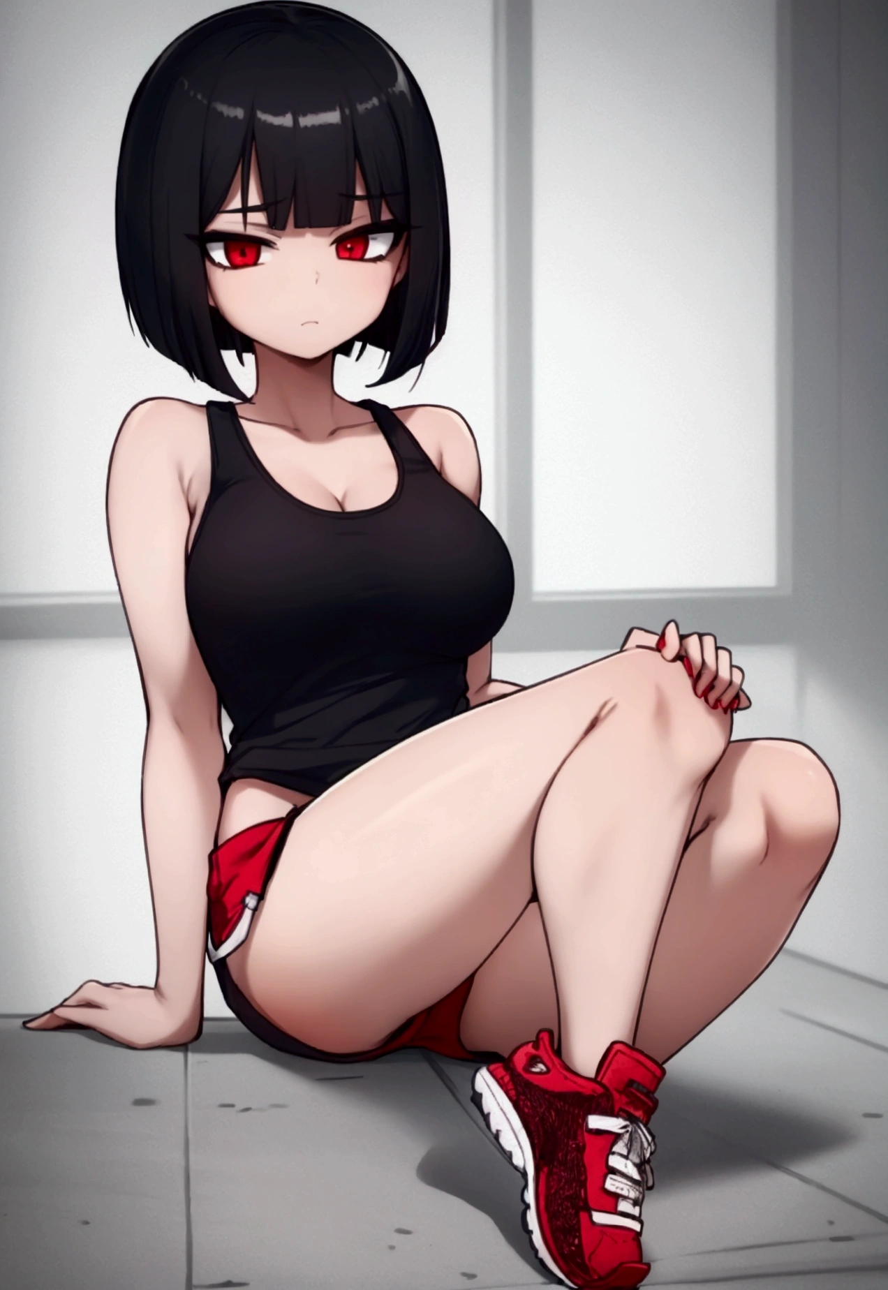 girl, Black hair, bob, red eyes, marathon runner, running, white and red tank top, shorts, marathon shoes