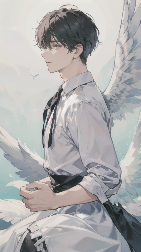 man, side face, wings white behind him, angel