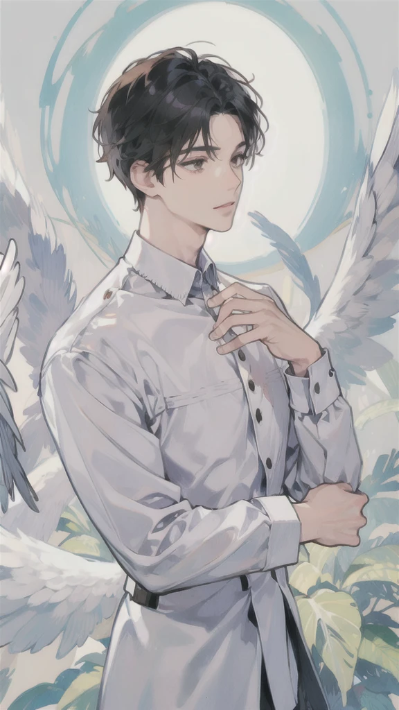 man, side face, wings white behind him, angel