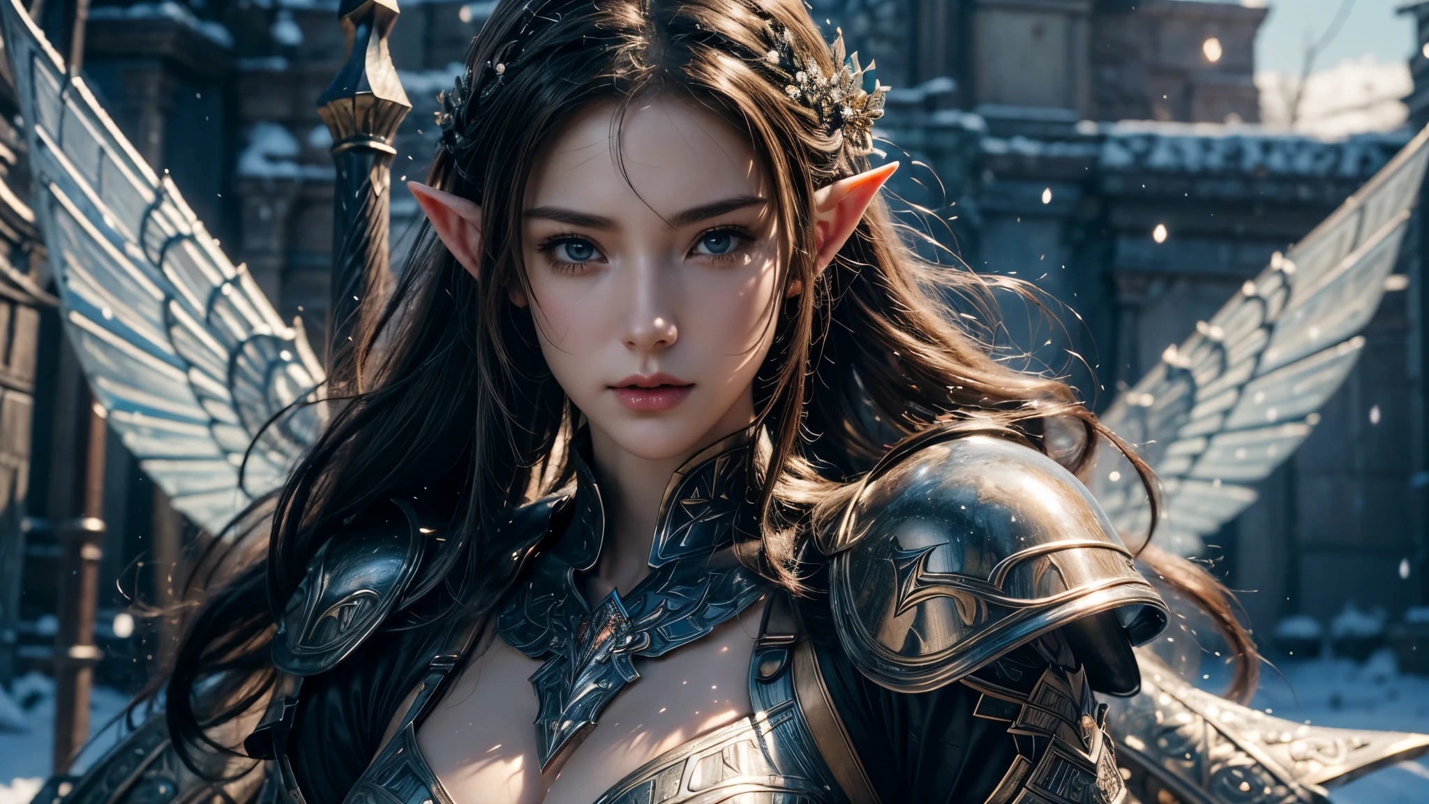 Close-up of woman holding sword and armor, Armor Girl, 2. 5D CGI anime fantasy artwork, Large Breasts，Epic fantasy digital art style, detailed Digital 2D fantasy art, Digital 2D fantasy art, original photo, (best quality:1.3), high resolution, (masterpiece), (lifelike:1.4), Professional photography, Clear focus, High Dynamic Range, 8k resolution, Intricate details, Fine details, Depth of Field, Extremely detailed CG unified 8k wallpaper, masterpiece，poster，best quality，Official Art，（Beauty and aesthetics：1.2），（masterpiece：1.3），Female Elf，individual，Light Leather Armor，complex pattern，snow，castle，Medium distance photography，（early morning），dramatic，Glowing Wings，