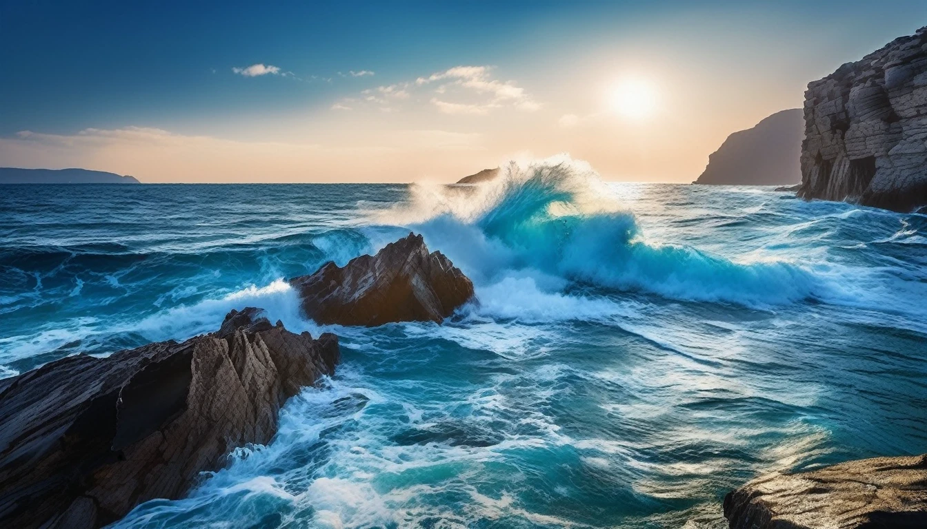 arafed view of a blue ocean with blue waves crashing on the rock, chaotic sea setting, breathtaking composition, beautiful sea landscapes, stunning ocean, magnificent background, beautiful background, beautiful dreamy breathtaking, beautiful blue ocean