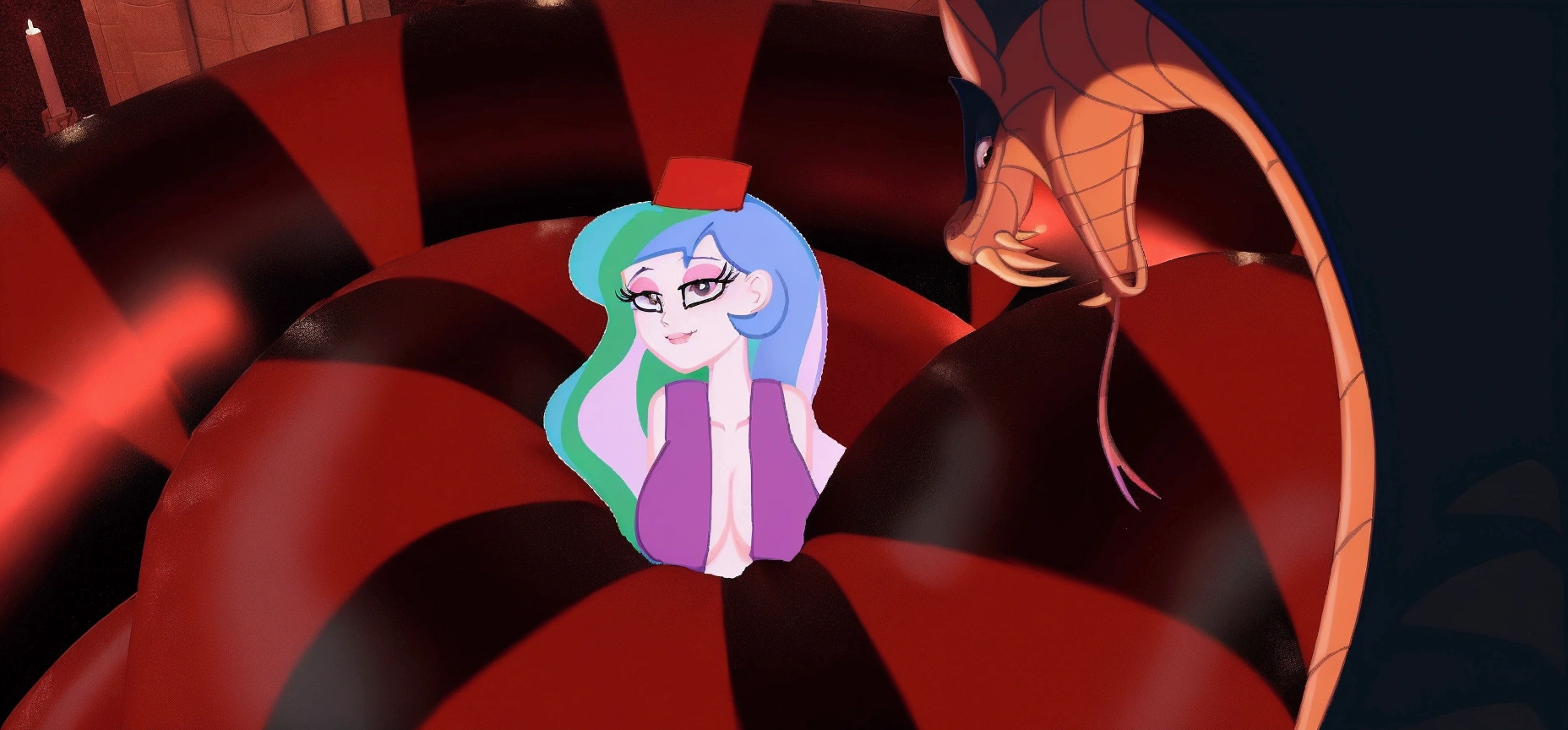 there is a cartoon girl that is sitting in a giant red ball, very sad medusa, fan art, big tentacle sneak around, some tentacles are touching her, in a throne room, evil princess, lamia, sitting on obsidian throne, inspired by Sebastian Vrancx, mlp fanart, female disney villain, in a crashed spaceship, princess in foreground