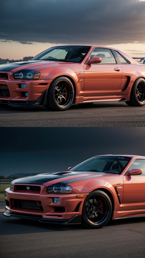 Gtr skyline with the fast and furious paint job, jojo anime style, em formato de wallpaper .