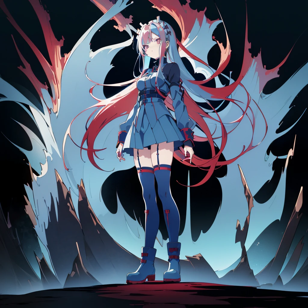 ((split-color hair , red hair , light blue hair)),((sharp focus)),((split-color hair , red hair , light blue hair)),[(cathedral background:1.4)::5],original,(illustration:1.1),(best quality),(masterpiece:1.1),(extremely detailed CG unity 8k wallpaper:1.1), (colorful:0.9),(mid shot:0.95),(full body:1.5),Dynamic angle,(solo:1.2), (girl),((adult)), (detailed beautiful eyes:1.15), (beautiful face:1.15), (glowing red eyes:1.25////),((medium hair)),((split-color hair , red hair , light blue hair)),(high twintails),(chignon),(+perfect hand+:1.21),(Draw an illustration of a gothic girl),(Religious),(slender),(is wearing boots on her feet),((is wearing white maid clothes)),(furious), Lace Off-shoulder lolita fashion,beautiful slender woman,high twintails,full body,mini skirt,((split-color hair , red hair , light blue hair)),((black long boots)),((mini skirt)),((adult)),((dynamic angle)),((split-color hair , red hair , light blue hair)),((split-color hair , red hair , light blue hair)),((black long boots)),((black long boots)),((split-color hair , red hair , light blue hair)),((split-color hair , red hair , light blue hair)),