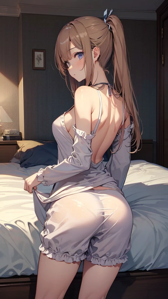 (masterpiece, best quality:1.3), 1 girl, 独奏, teenager,(top quality eyes:1.3),18 year old girl、Loungewear、one piece、bed、My Room、Normal size breasts、cowgirl position, back shot, masturbation, dildo