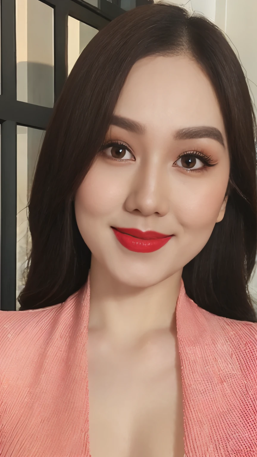 instagram photo, closeup face photo of 20 y.o Chloe in kebaya, Red Lipstick, sensual Lipstick, Sensational Make Up, cleavage, pale skin, (smile:0.4), hard shadows, Red G-STRING, bright lighting