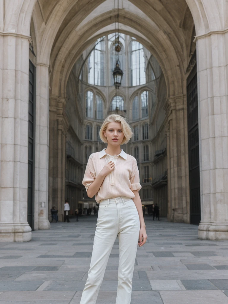 her name is Amelie, high quality, 1girl, ((25-year-old fit Caucasian woman)), ((25 years old)), ((SLIM)), ((short blonde hair)), pose: standing, wearing stylish Generation-Z modern wear pastel colored, BACKGROUND: Exploring the vibrant Grand Place, with its stunning medieval guildhalls and bustling atmosphere.