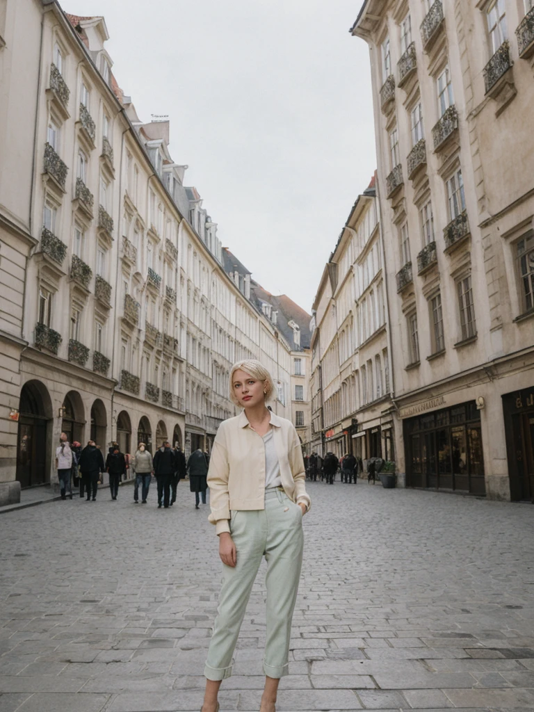 her name is Amelie, high quality, 1girl, ((25-year-old fit Caucasian woman)), ((25 years old)), ((SLIM)), ((short blonde hair)), pose: standing, wearing stylish Generation-Z modern wear pastel colored, BACKGROUND: Exploring the vibrant Grand Place, with its stunning medieval guildhalls and bustling atmosphere.