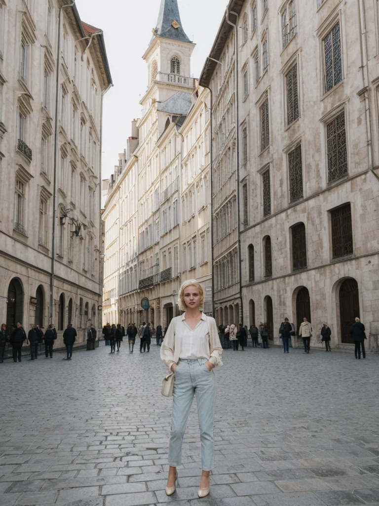 her name is Amelie, high quality, 1girl, ((25-year-old fit Caucasian woman)), ((25 years old)), ((SLIM)), ((short blonde hair)), pose: standing, wearing stylish Generation-Z modern wear pastel colored, BACKGROUND: Exploring the vibrant Grand Place, with its stunning medieval guildhalls and bustling atmosphere.