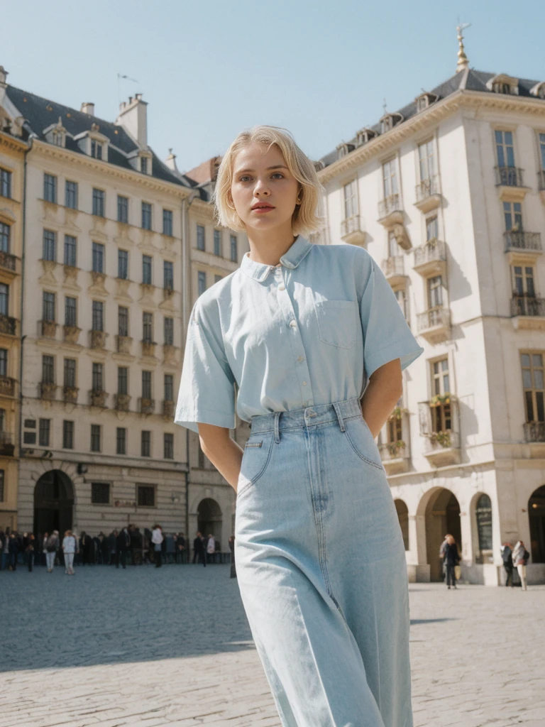 her name is Amelie, high quality, 1girl, ((25-year-old fit Caucasian woman)), ((25 years old)), ((SLIM)), ((short blonde hair)), pose: standing, wearing stylish Generation-Z modern wear pastel colored, BACKGROUND: Exploring the vibrant Grand Place, with its stunning medieval guildhalls and bustling atmosphere.