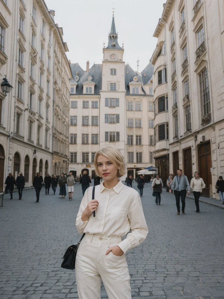her name is Amelie, high quality, 1girl, ((25-year-old fit Caucasian woman)), ((25 years old)), ((SLIM)), ((short blonde hair)), pose: standing, wearing stylish Generation-Z modern wear pastel colored, BACKGROUND: Exploring the vibrant Grand Place, with its stunning medieval guildhalls and bustling atmosphere.
