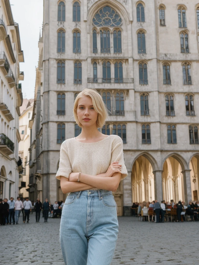 her name is Amelie, high quality, 1girl, ((25-year-old fit Caucasian woman)), ((25 years old)), ((SLIM)), ((short blonde hair)), pose: standing, wearing stylish Generation-Z modern wear pastel colored, BACKGROUND: Exploring the vibrant Grand Place, with its stunning medieval guildhalls and bustling atmosphere.