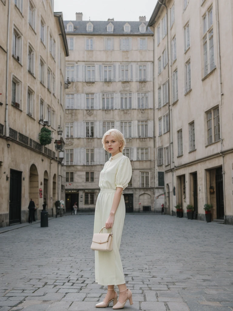 her name is Amelie, high quality, 1girl, ((25-year-old fit Caucasian woman)), ((25 years old)), ((SLIM)), ((short blonde hair)), pose: standing, wearing stylish Generation-Z modern wear pastel colored, BACKGROUND: Exploring the vibrant Grand Place, with its stunning medieval guildhalls and bustling atmosphere.