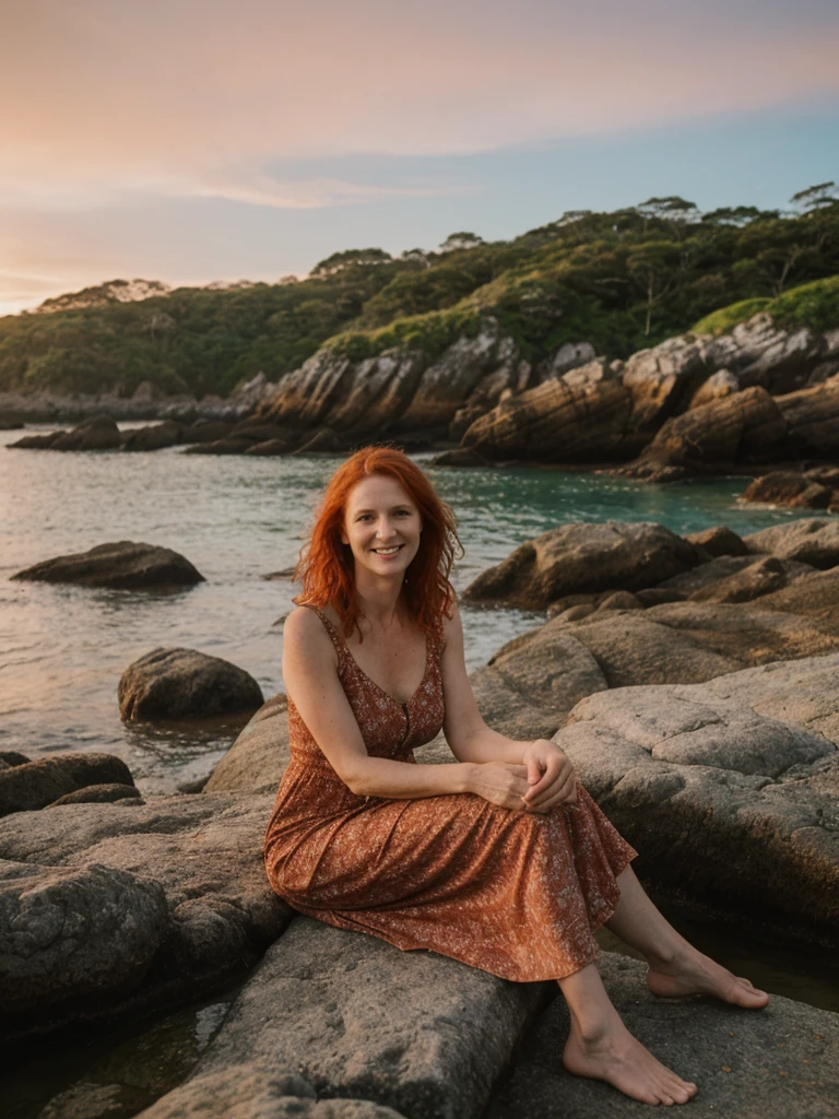 portrait, her name is Mia, high quality, 1 old woman, ((40-year-old guitar shaped body irish woman)), (((40 years old))), (guitar shaped body), wide hips, (wrinkled body), (old body), (((red hair))), (pale skin), ((green eyes)), she is wearing a boho dress, POSE: sitting, smiling, BREAK, BACKGROUND: outdoor: secluded cove at sunrise, coves, dawn, tide pools, seashells, small boat