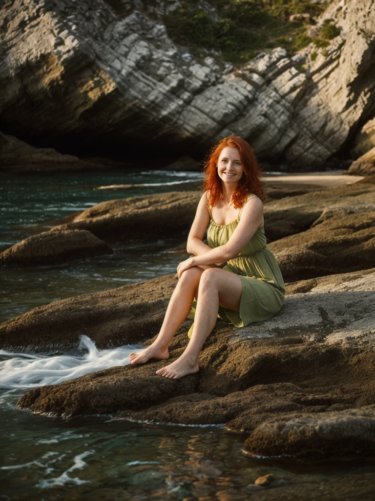 portrait, her name is Mia, high quality, 1 old woman, ((40-year-old guitar shaped body irish woman)), (((40 years old))), (guitar shaped body), wide hips, (wrinkled body), (old body), (((red hair))), (pale skin), ((green eyes)), she is wearing a boho dress, POSE: sitting, smiling, BREAK, BACKGROUND: outdoor: secluded cove at sunrise, coves, dawn, tide pools, seashells, small boat
