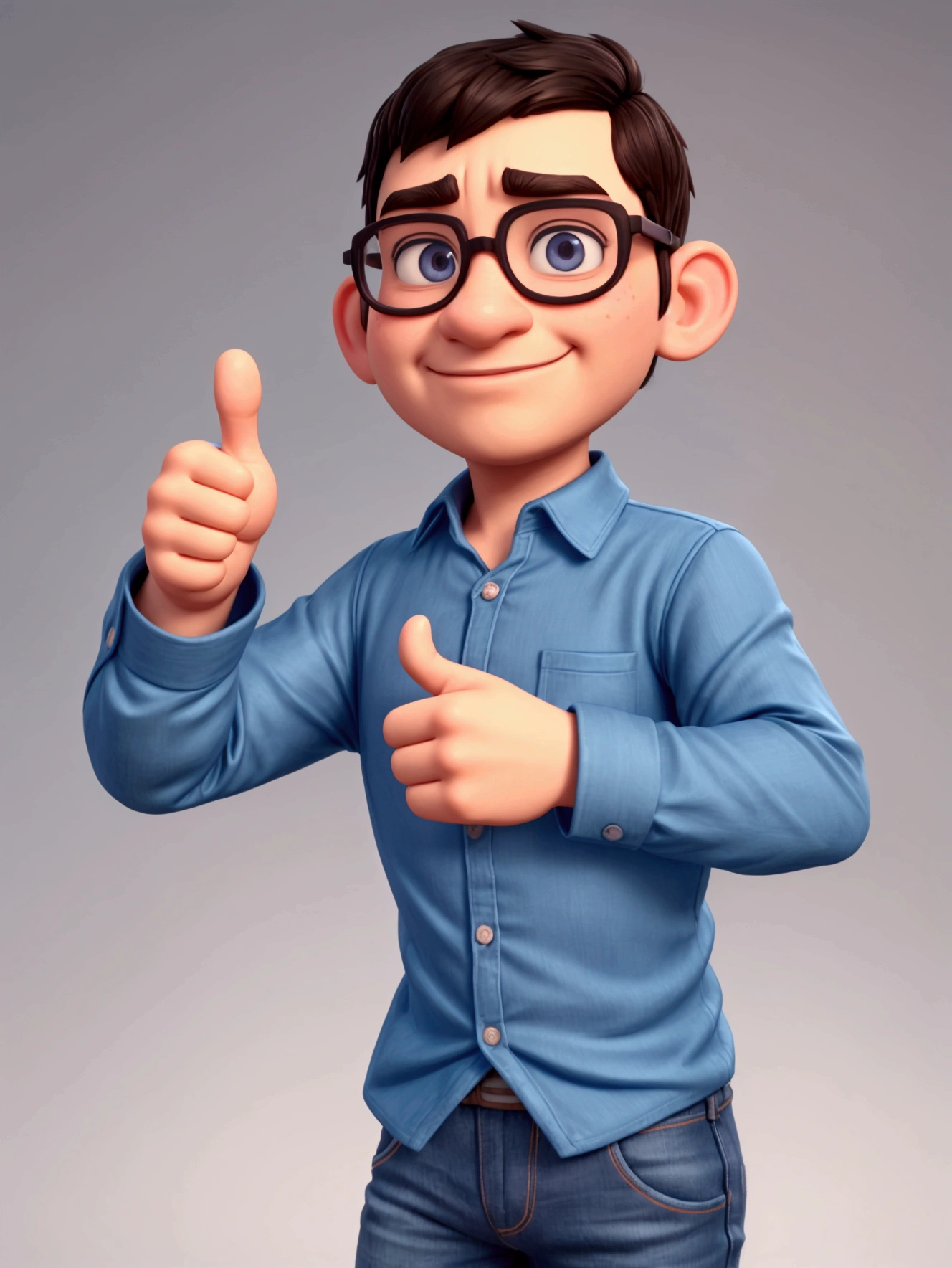 3d avatar pixar style man with square-rimmed glasses, dark slanted eyes, short dark hair with white strands, long-sleeved blue dress shirt, jeans, low smile and making a "thumbs up" gesture with his left hand. wide oval face round nose small ear, chubby
