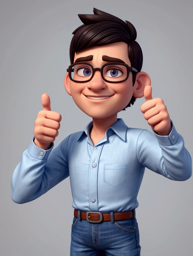 3d avatar pixar style man with square-rimmed glasses, dark slanted eyes, short dark hair with white strands, long-sleeved blue dress shirt, jeans, low smile and making a "thumbs up" gesture with his left hand. wide oval face round nose small ear, chubby
