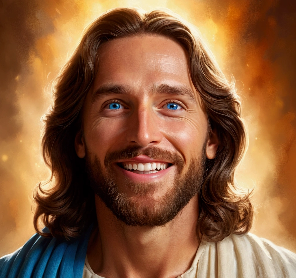 Jesus Christ looking at the camera, captured the middle of laughter, blue eyes shining with joy, soft glow on his face emphasizing serenity, against a warm and diffuse background, warm color palette, high resolution digital painting, capturing the essence of hope and divine goodness, dramatic lighting, ultra realistic