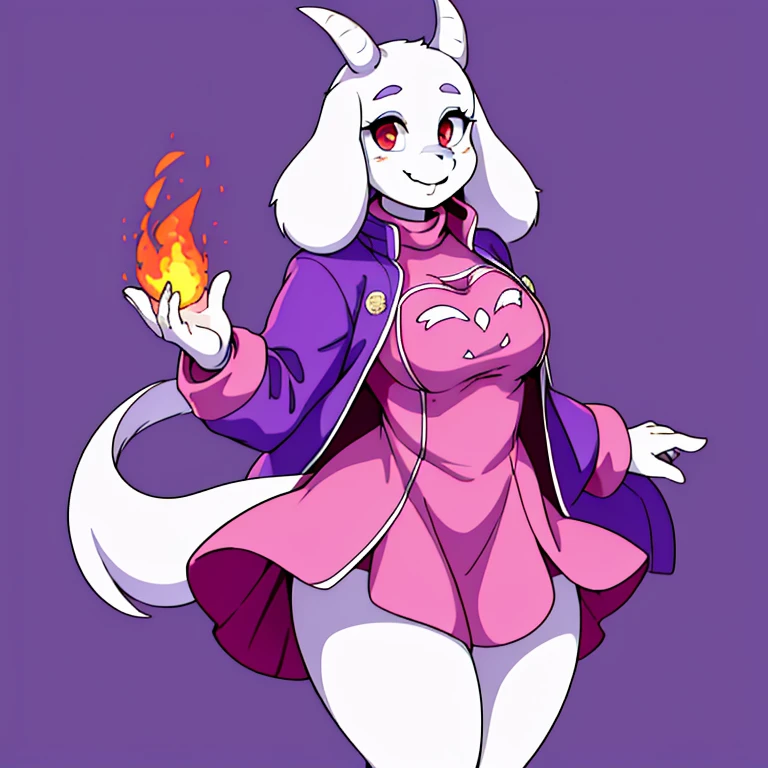 Toriel, 1girl, furry, furry_female, goat_ears, goat_girl, background with fire, SMILE, Alone, in a pink dress that reaches to the thighs, a purple jacket. whole body, dwarf height, red eyes,
