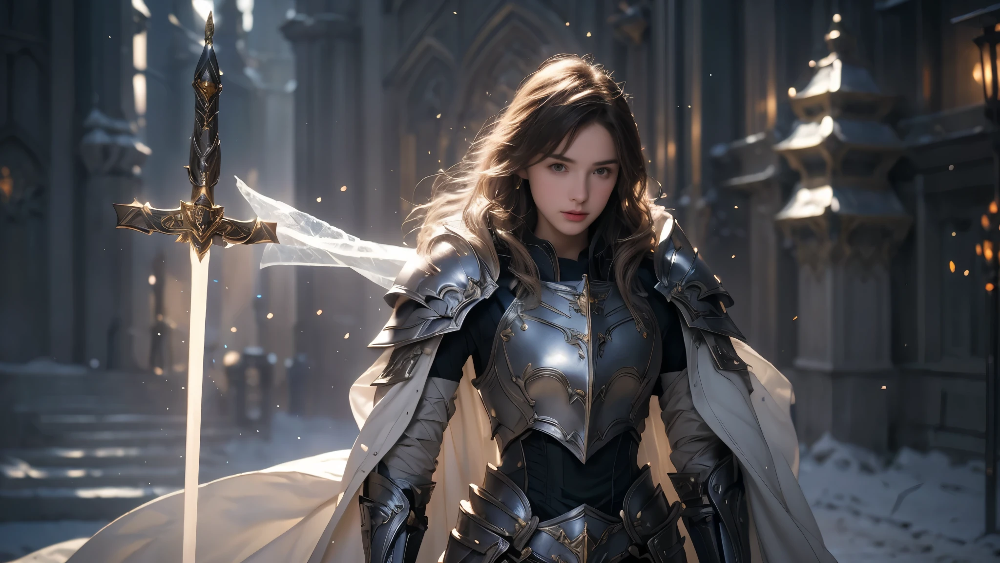 ((Super Practical photo)) ((super Practical photography)), (Practical) "young paladin () Holding a shining sword, Emits powerful light magic. The scene is set in a dark and mysterious urban landscape, Illuminated by the light of the Paladin's Sword. This work has been carefully crafted, The attention to detail and lighting is amazing. The overall aesthetic is reminiscent of Fujifilm photography, Capture the beauty and depth of a scene. super, Small waist"
